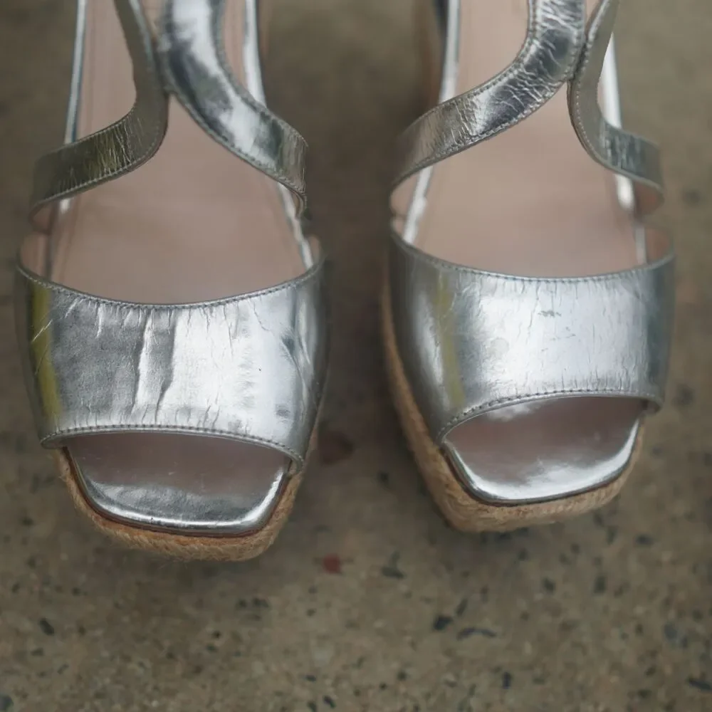 Prada Metallic Silver Leather Strappy Platform Wedge Sandals 40.5 US 10.5 Stripe
